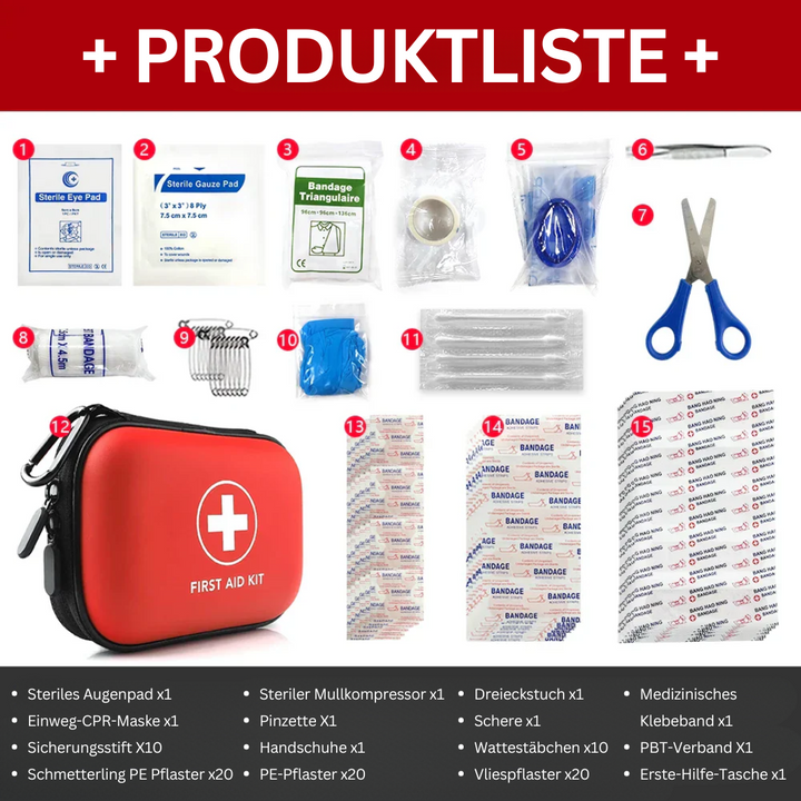 Rotes, kompaktes Notfallset, 91-teilig, als Reiseapotheke für Outdoor, Camping & Wandern; Ihre Sicherheit unterwegs.