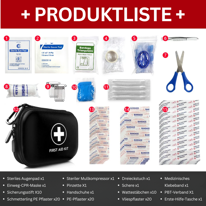 91-teiliges Erste-Hilfe-Set für Zuhause, Auto & Büro; das kompakte Notfallset sorgt für Gesundheit & Sicherheit.