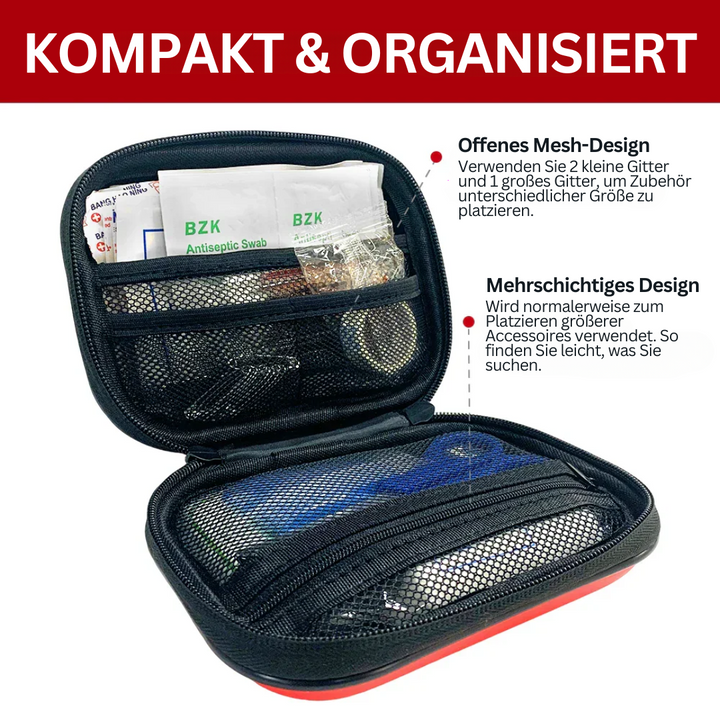 Handliches, rotes & schwarzes Erste-Hilfe-Set, 91-teilig, für schnelle Hilfe bei Notfällen; kompakt & zuverlässig.