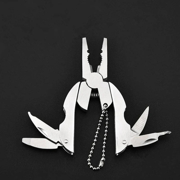 Vielseitiges Edelstahl-Multitool für Outdoor. Integrierte Zange, scharfes Messer, Schraubendreher als Schlüsselanhänger.