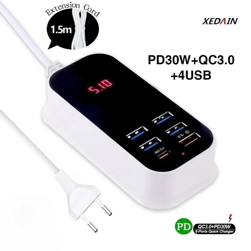 Kompaktes Multi-USB-Schnellladegerät für effizientes Laden mehrerer Smartphones und Tablets.