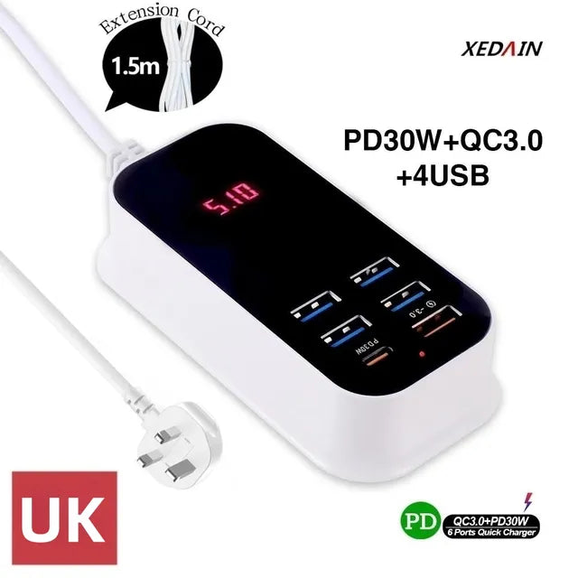 Kompaktes Schnellladegerät, Multi-USB-Hub und Ladestation für Smartphones, Tablets und andere Elektronik.