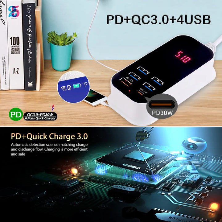 Effiziente Multi-Ladestation: USB-Schnellladegerät für Ordnung und schnelles Laden von Elektronikzubehör.