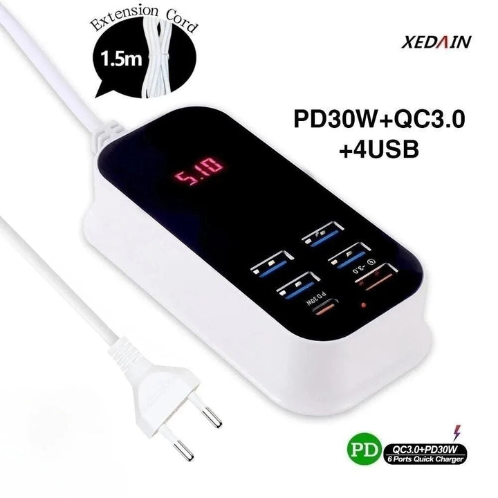 Zentrale USB-Ladestation mit Schnellladefunktion für alle digitalen Geräte – zu Hause oder im Büro.