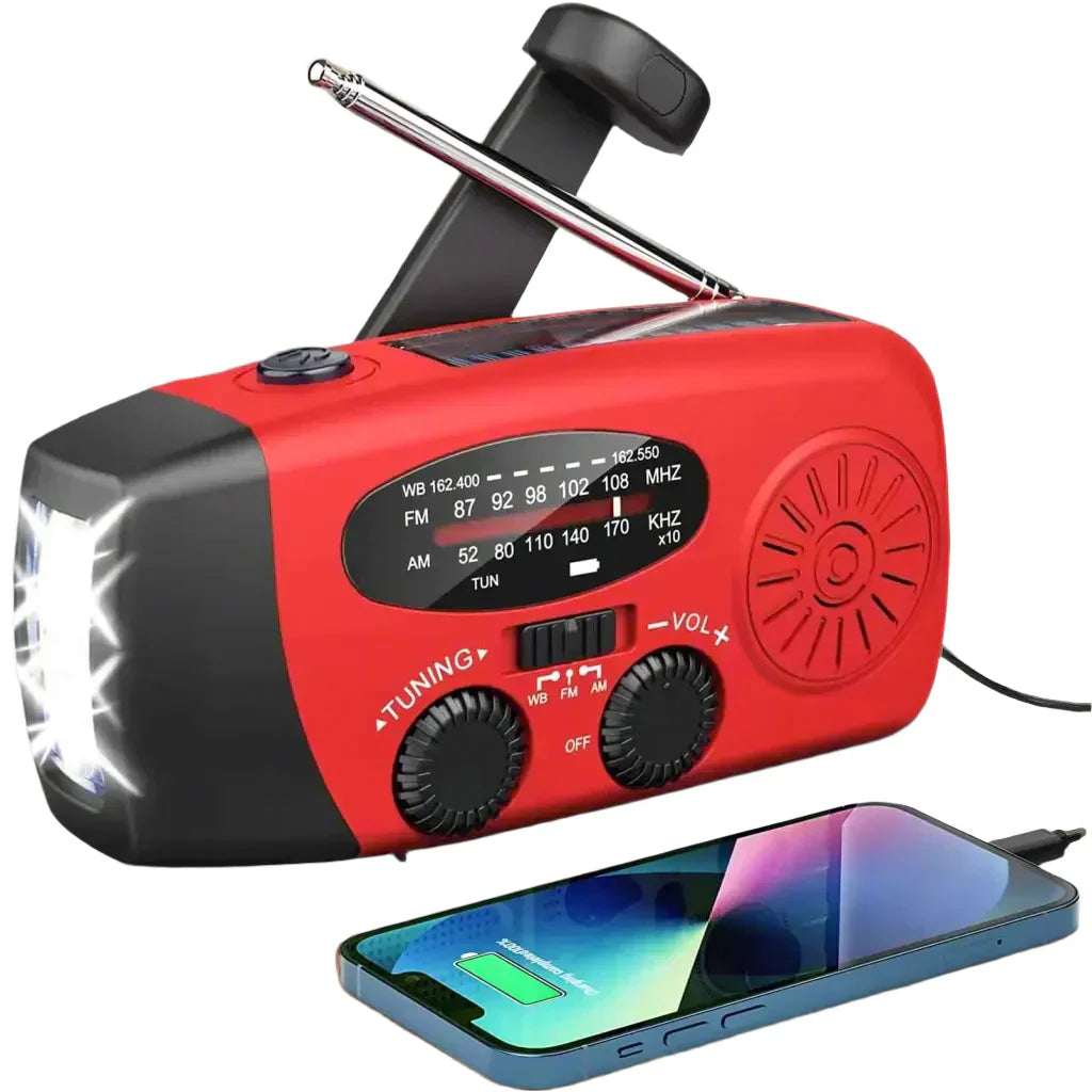 Kompaktes Notfallradio mit Kurbel, Solar & Powerbank für Outdoor, Camping & Katastrophenschutz, inkl. Taschenlampe.