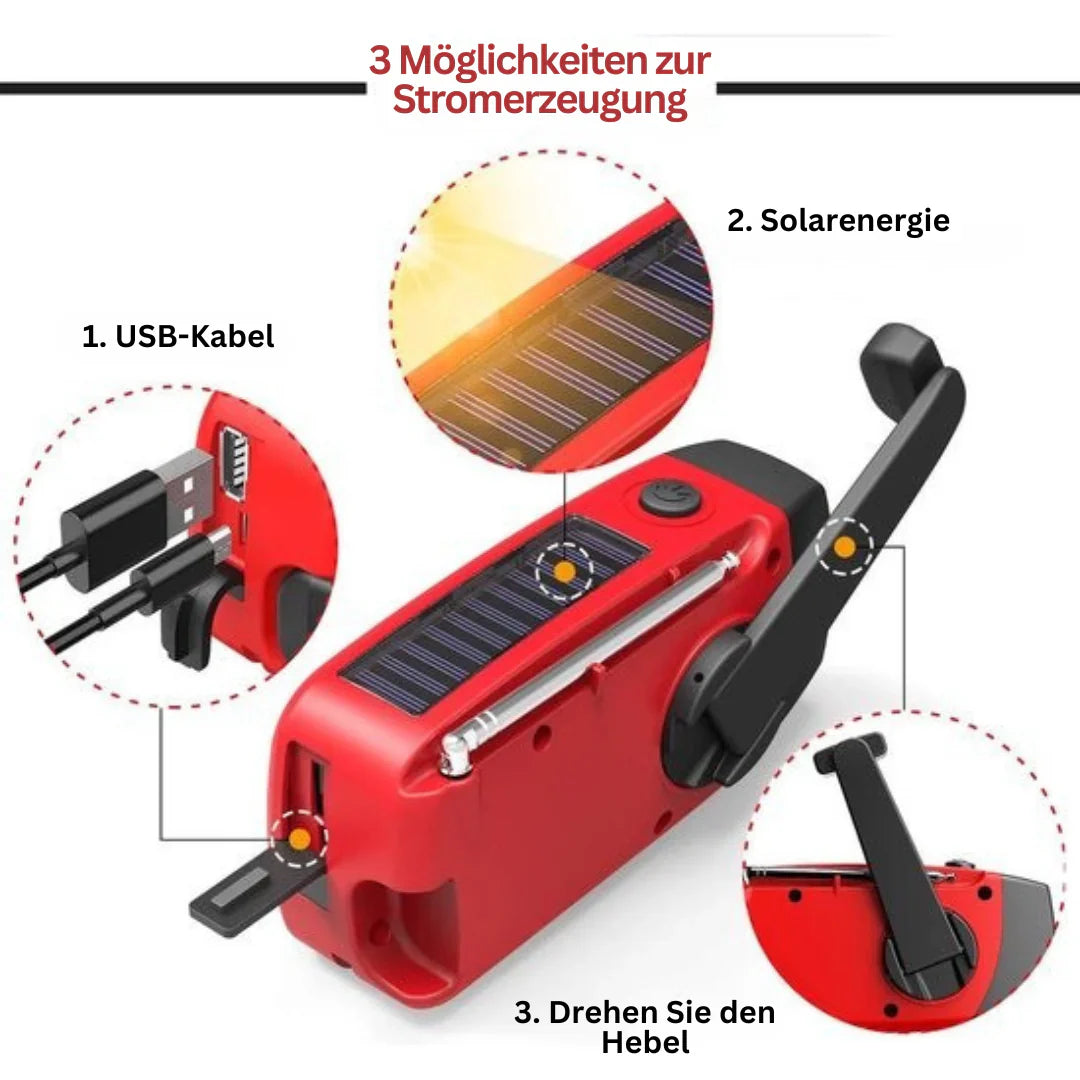 Tragbares Kurbelradio mit Solarfunktion & Powerbank für unterwegs, Outdoor-Abenteuer, Camping und Notfälle.