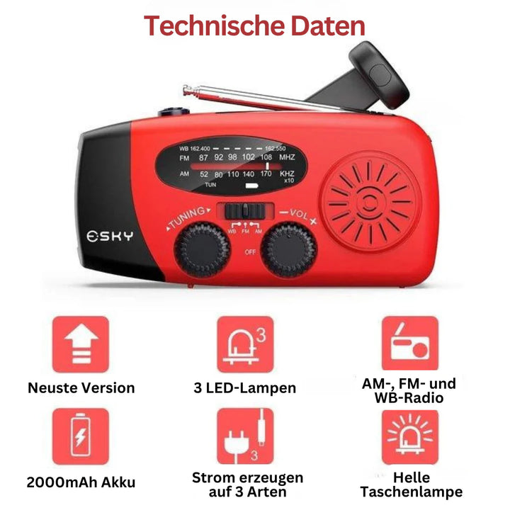Zuverlässiges Notfallradio mit Kurbel, Solar, Powerbank & LED-Taschenlampe, unverzichtbar für Sicherheit daheim & mobil.