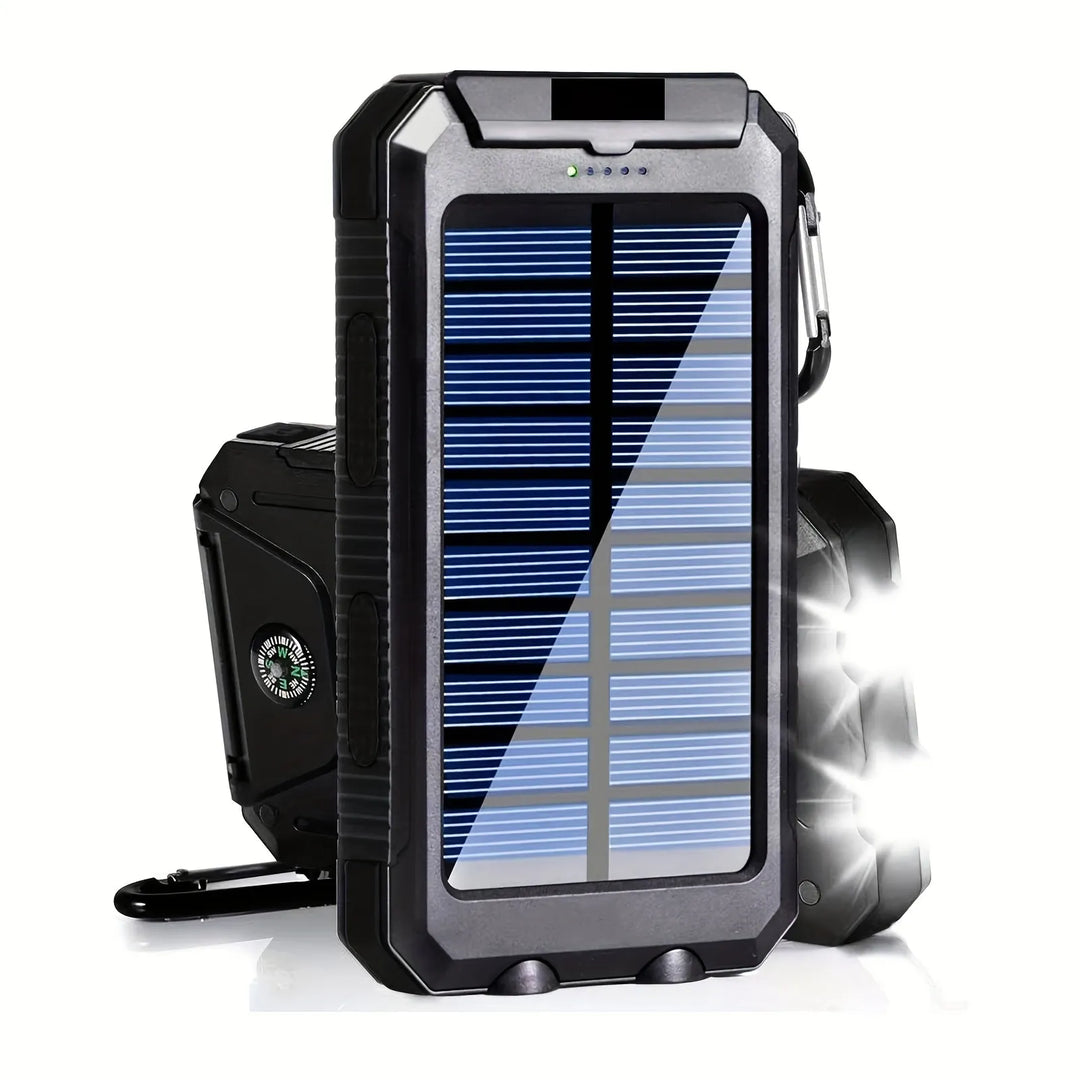 Kompaktes, tragbares Solarladegerät mit integrierter Powerbank & Taschenlampe – ideal für Outdoor, Camping & Notfälle.