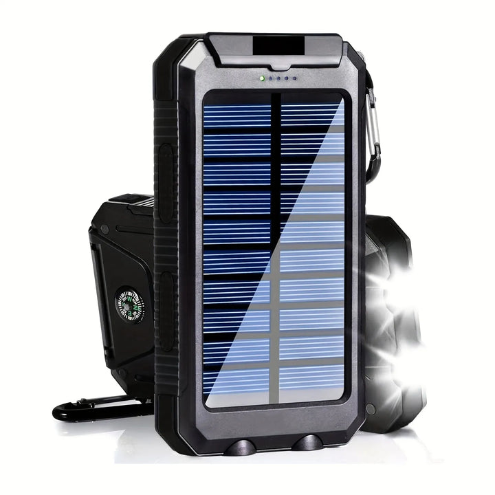 Kompaktes, tragbares Solarladegerät mit integrierter Powerbank & Taschenlampe – ideal für Outdoor, Camping & Notfälle.
