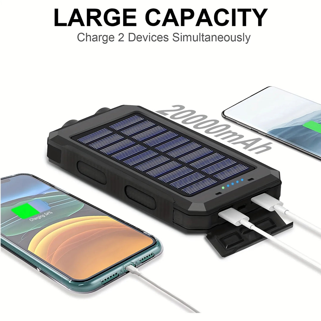 Detailaufnahme: Effizientes Solarpanel des tragbaren Ladegeräts & Powerbank-Anschlüsse für Gadgets.