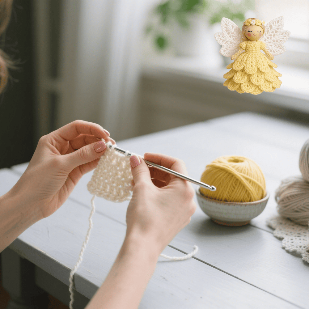 Liebevoll gehäkelter Engel aus dem DIY Kreativset, perfekt als Weihnachtsdeko oder Geschenkidee.