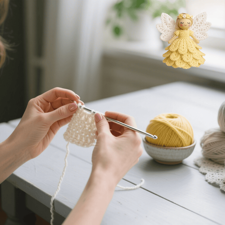 Liebevoll gehäkelter Engel aus dem DIY Kreativset, perfekt als Weihnachtsdeko oder Geschenkidee.