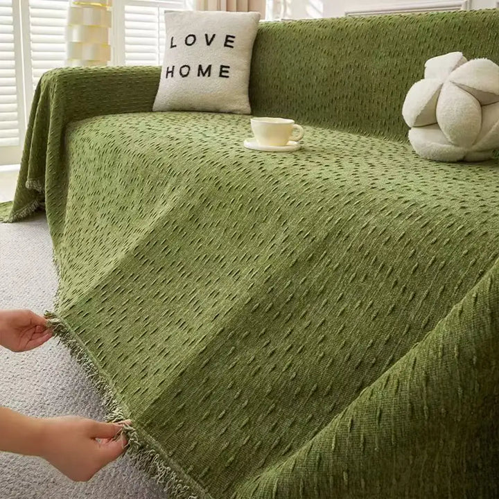 Detailaufnahme: Hochwertiger Chenille-Jacquard-Stoff des kratzfesten Sofabezugs. Komfortabel und robust.