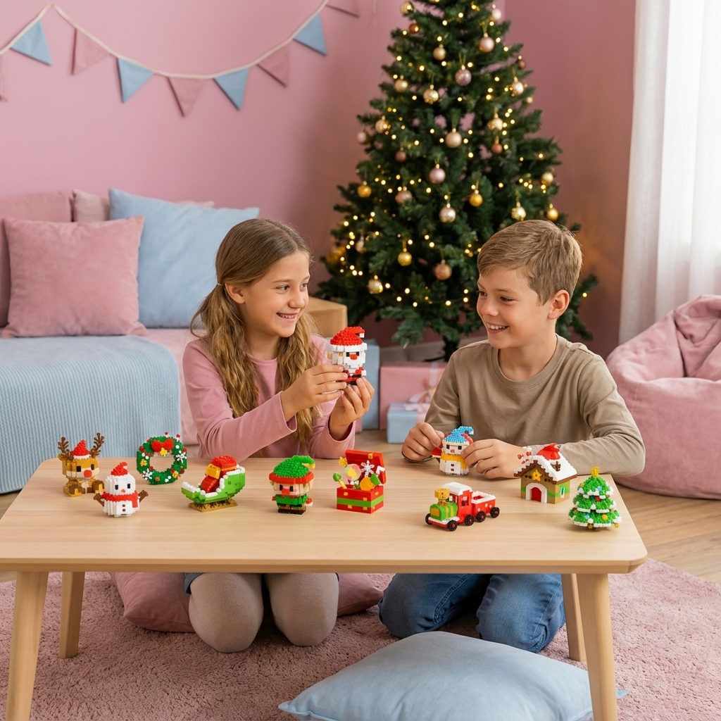 Farbenfrohe Baustein-Weihnachtsfiguren zum Basteln; festlicher Bausatz für Kinder & Erwachsene.