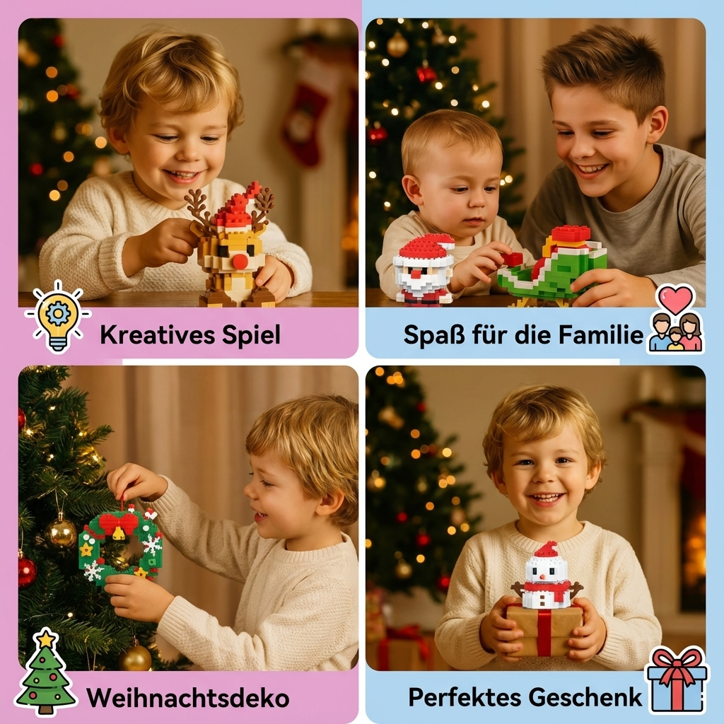 Set kleiner Bausteine für detailreiche Weihnachtsfiguren; ideal für adventliches Basteln.