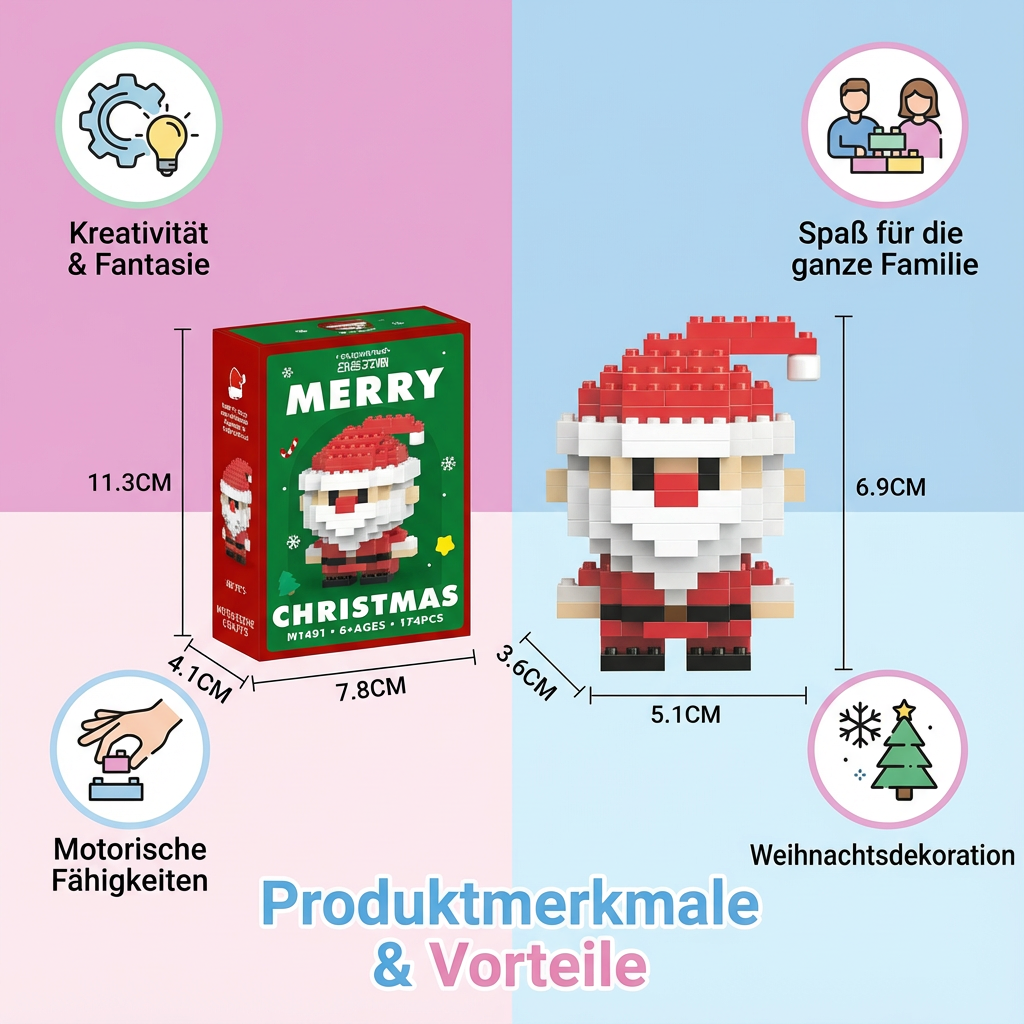 Zusammensteckbare Weihnachtsfiguren als Baustein-Set; fördert Kreativität & Feinmotorik.