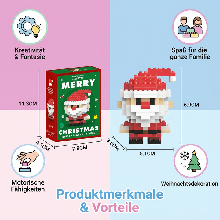 Zusammensteckbare Weihnachtsfiguren als Baustein-Set; fördert Kreativität & Feinmotorik.