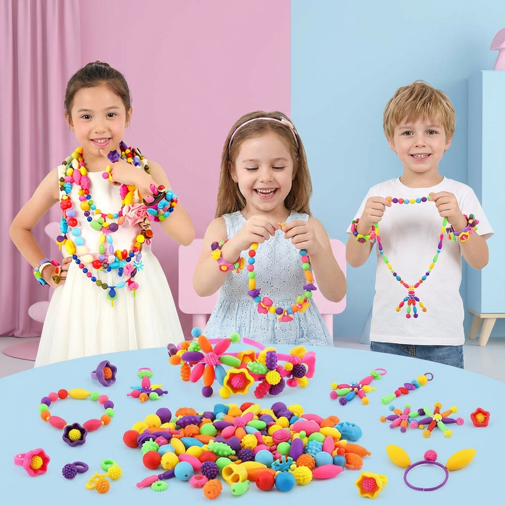 Pädagogisches Bastelset für Kinder, fördert Motorik und Kreativität mit bunten Schmuck Spielsteinen.