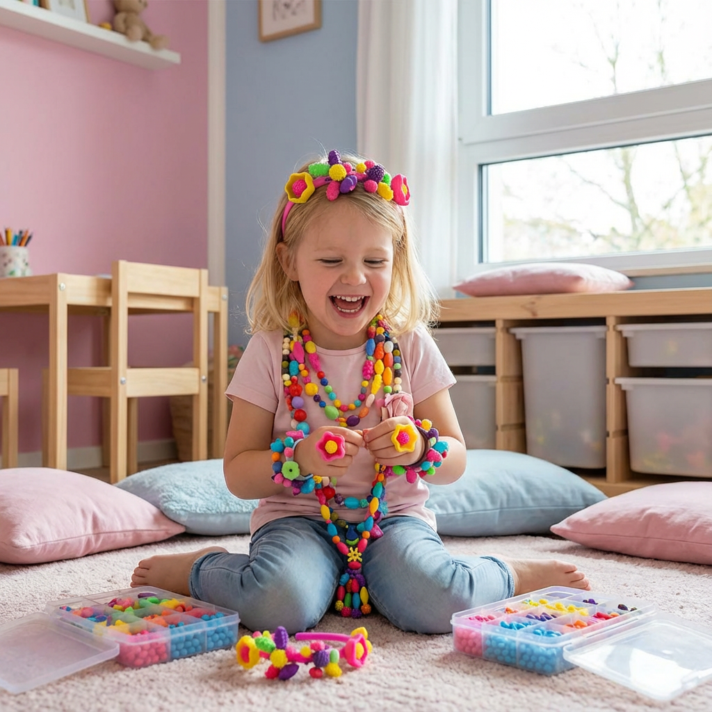 Buntes Kinderschmuck Bastelset mit vielfältigen Spielsteinen, ideal für kreatives DIY und Spielzeug.