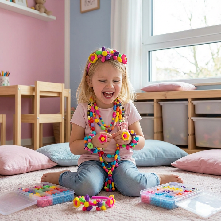 Buntes Kinderschmuck Bastelset mit vielfältigen Spielsteinen, ideal für kreatives DIY und Spielzeug.