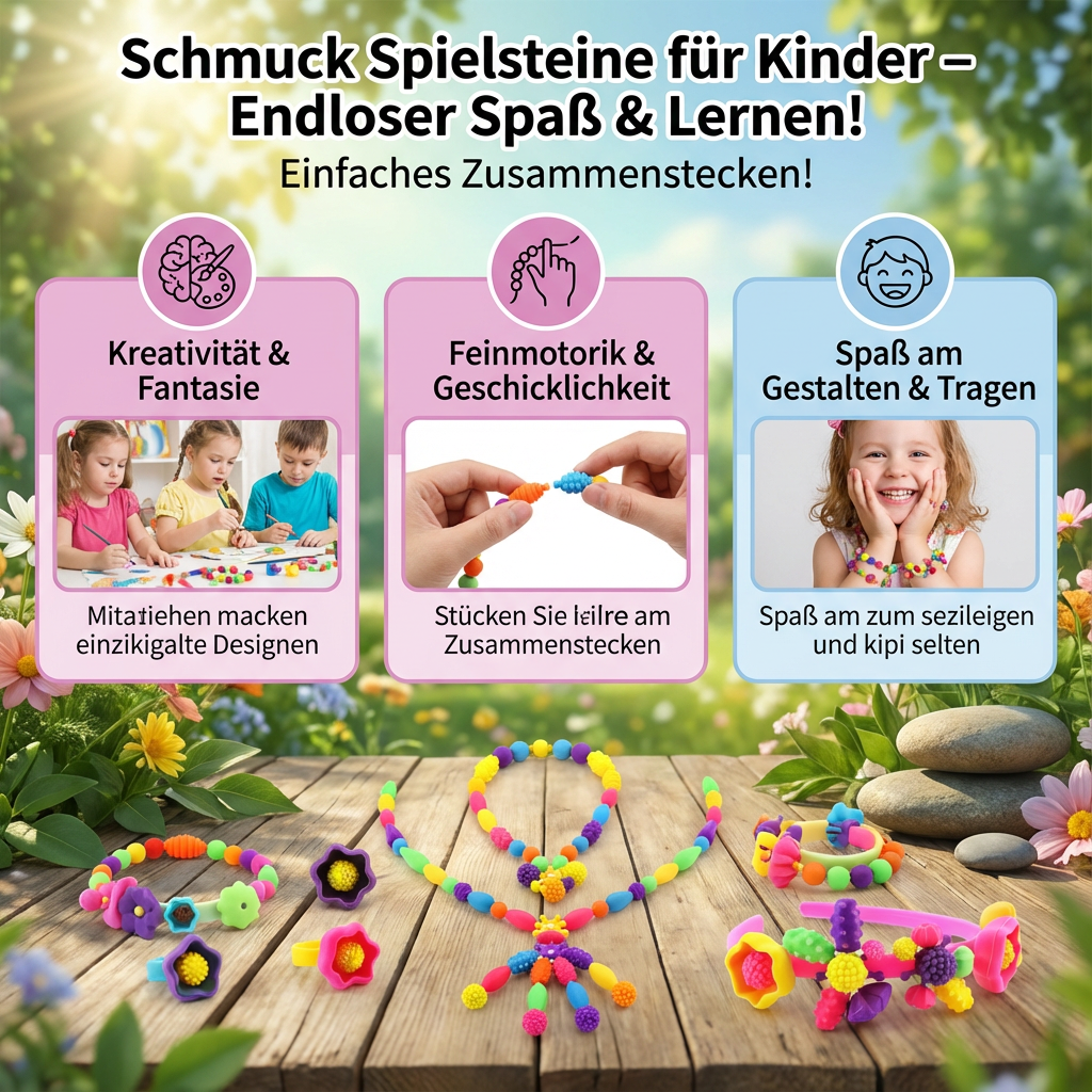 Detailansicht der Schmuck Spielsteine für Kinder. Perfektes Bastelset für individuellen Kinderschmuck.