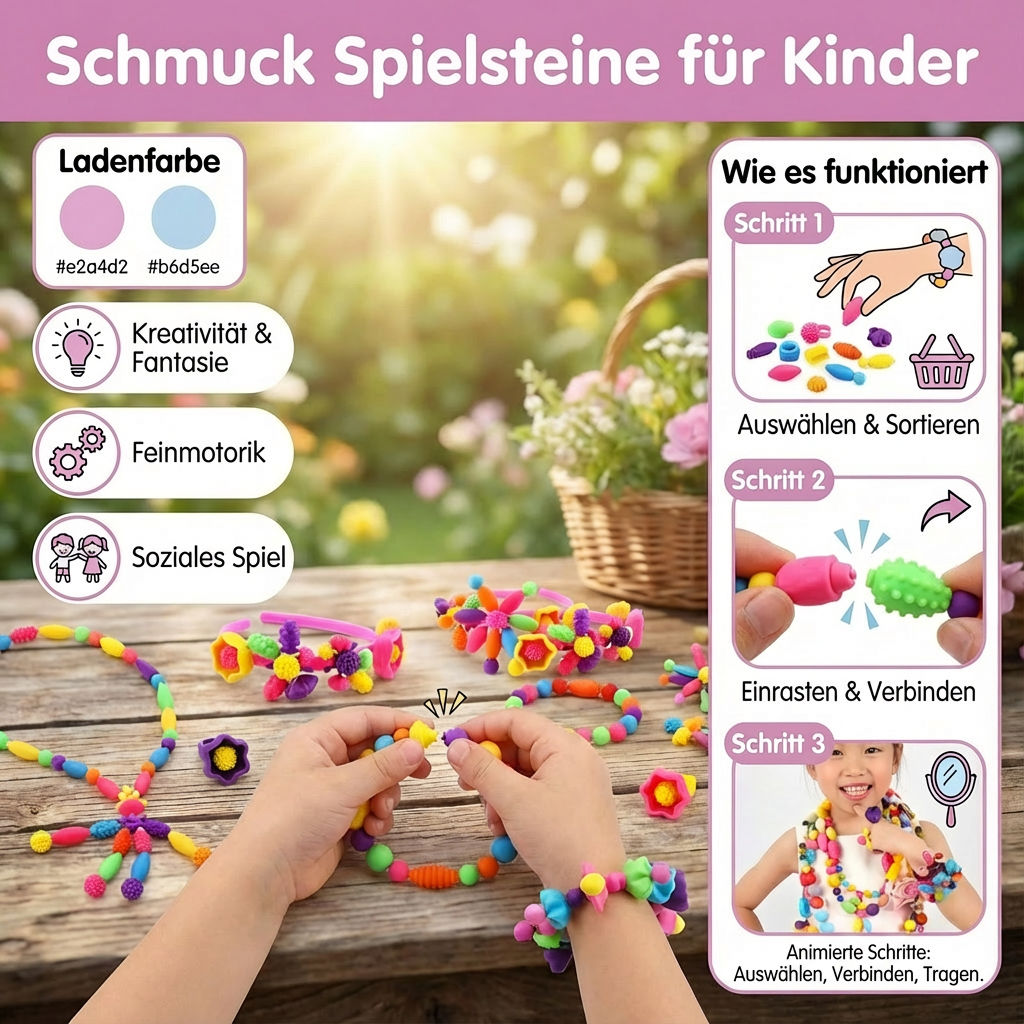 Kinder basteln eigenen Schmuck mit bunten Spielsteinen aus diesem kreativen DIY Geschenk Bastelset.
