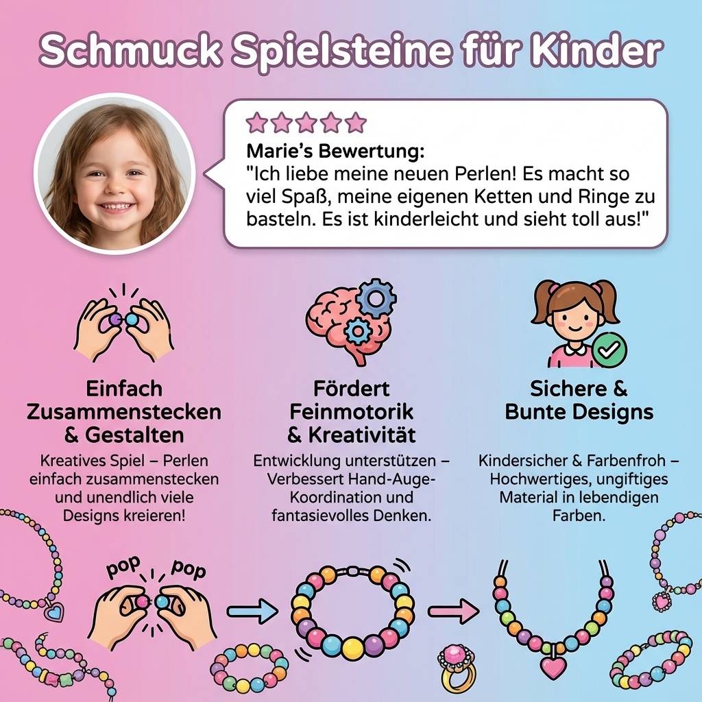 Vielfältige Formen und Farben der Schmuck Spielsteine im Bastelset für Kinder, fördert Kreativität.