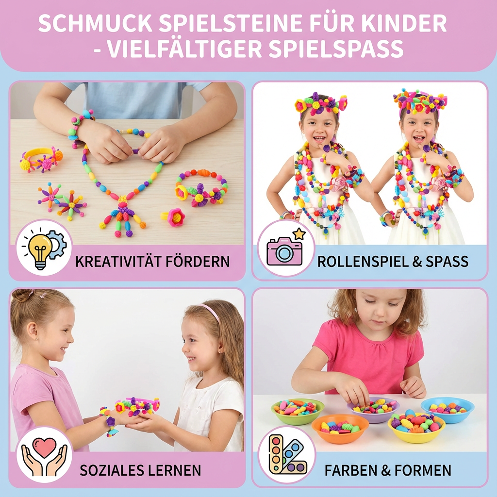 Fertig gebastelter Kinderschmuck aus den Spielsteinen des kreativen DIY Bastelsets für Motorik.