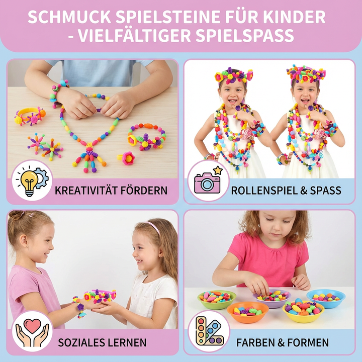 Fertig gebastelter Kinderschmuck aus den Spielsteinen des kreativen DIY Bastelsets für Motorik.