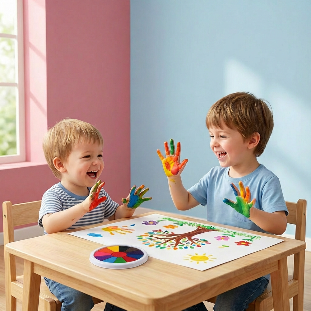 Kinder malen fröhlich mit ungiftigen Fingerfarben. Kreatives Lernspielzeug zur Förderung sensorischer Fähigkeiten.