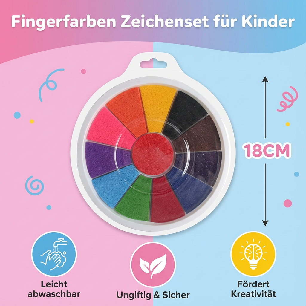 Kind bemalt Papier mit leuchtenden Fingerfarben. Kreatives Zeichenset fördert sensorische Entwicklung & Malfreude.