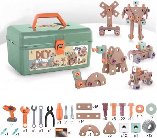 Buntes Kinderspielzeug Werkzeugset mit Hammer, Schraubenzieher, Zange, Schrauben und Muttern für Rollenspiele.
