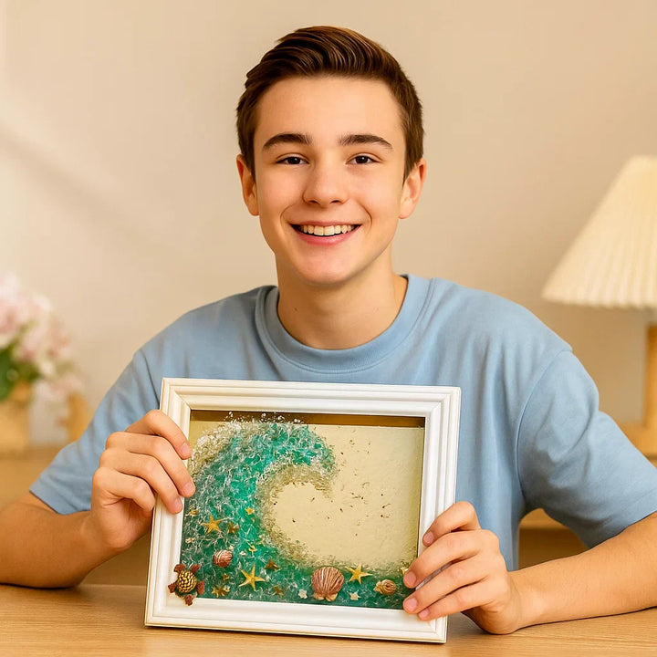 Meerglas Kunst Bastelset mit echten Meeresscherben & Treibholz. DIY Set für einzigartige maritime Wanddeko.