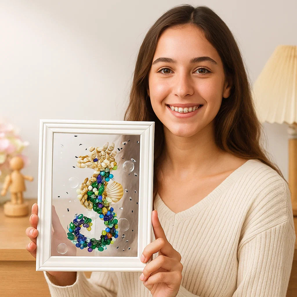 Inhalt des Meerglas Kunst DIY Sets: bunte Meeresscherben, Treibholz, Rahmen und Kleber für dein maritimes Projekt.