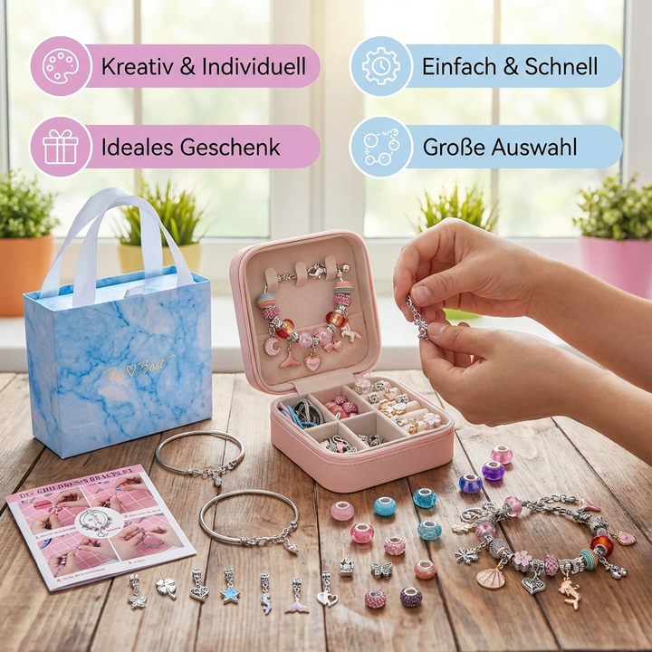 Bastelset Kinder: Schmuck selber machen. Perlen Set fördert Kreativität & Feinmotorik. Tolle Freizeitaktivität.