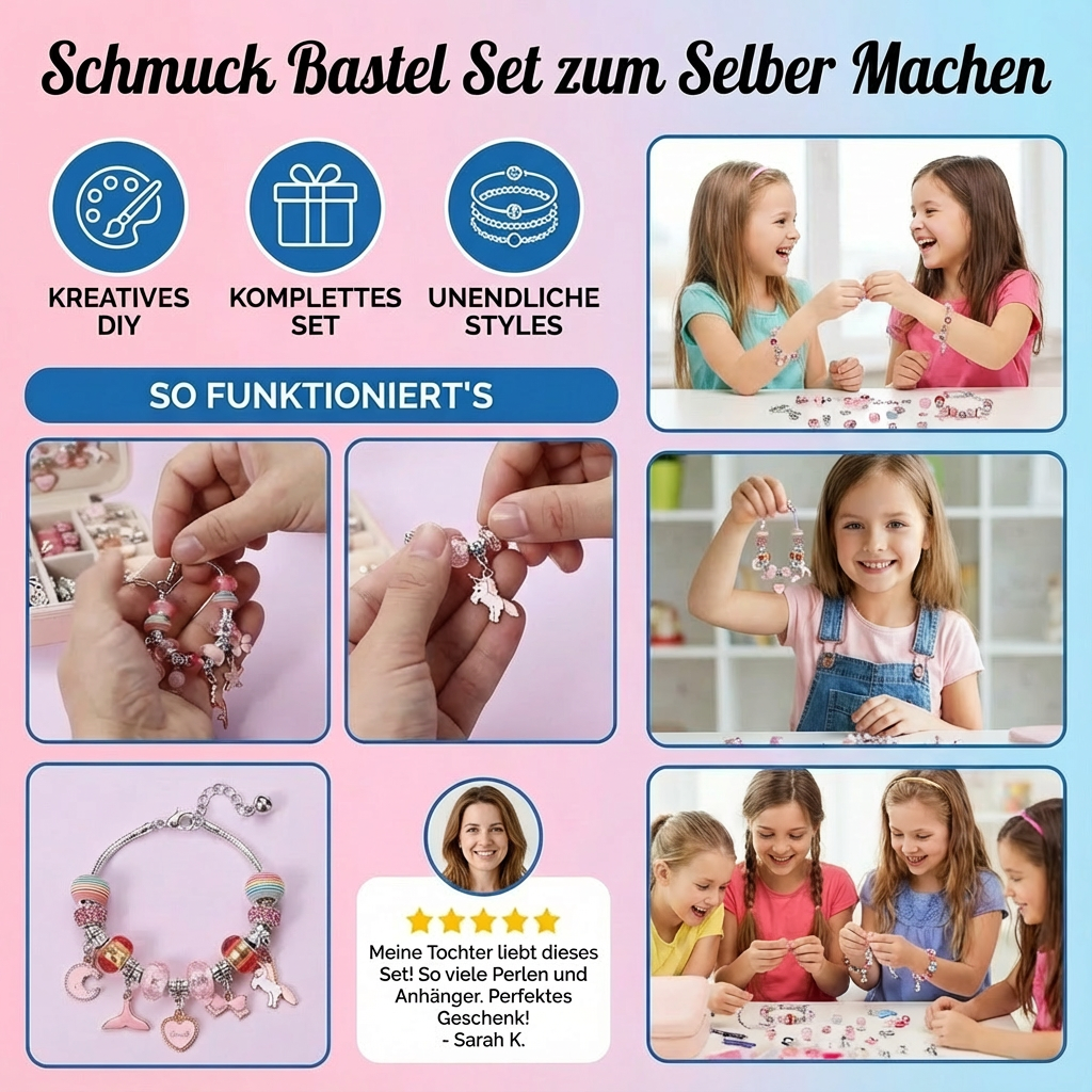 Geschenkidee für Kinder: DIY Schmuck Bastelset mit Perlen. Kreatives Set für kleine Künstler & Bastelfans.
