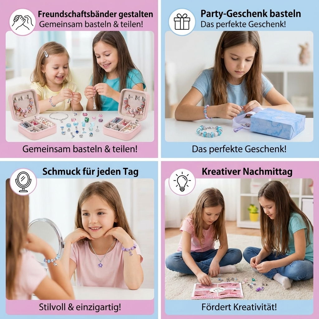 Umfassendes Kreativset: Schmuck basteln mit Perlen, Bändern & Zubehör. Kinder gestalten einzigartigen DIY-Schmuck.