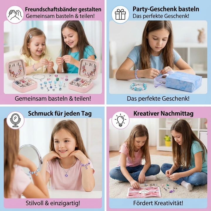 Umfassendes Kreativset: Schmuck basteln mit Perlen, Bändern & Zubehör. Kinder gestalten einzigartigen DIY-Schmuck.