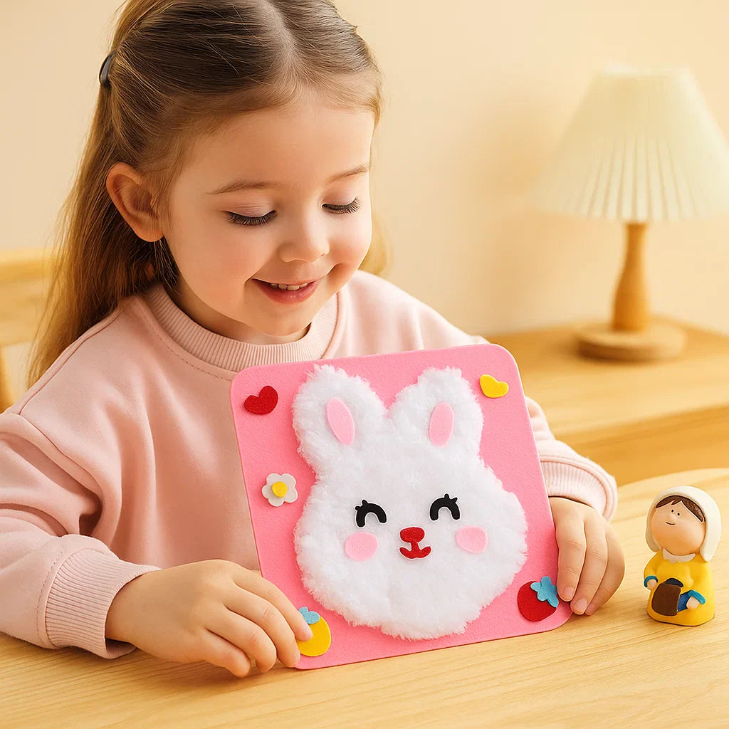 Kinder spielen mit ihren selbstgebastelten Tier-Stickpuppen aus dem kreativen Bastelset.