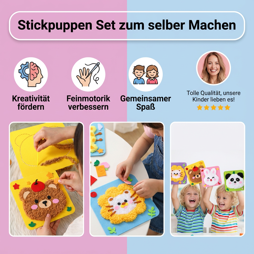 Stickpuppen Bastelset mit bunten Materialien und Anleitung für Kinder, ideal zum kreativen Gestalten & Spielen.