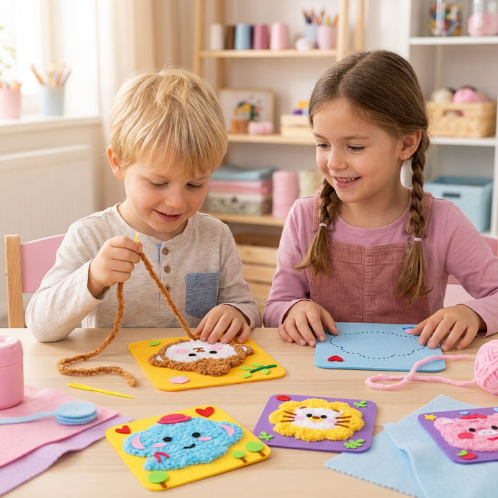 Kind bastelt fröhliche Stickpuppe mit dem DIY-Set, fördert Feinmotorik und kreatives Spiel bei Kindern.