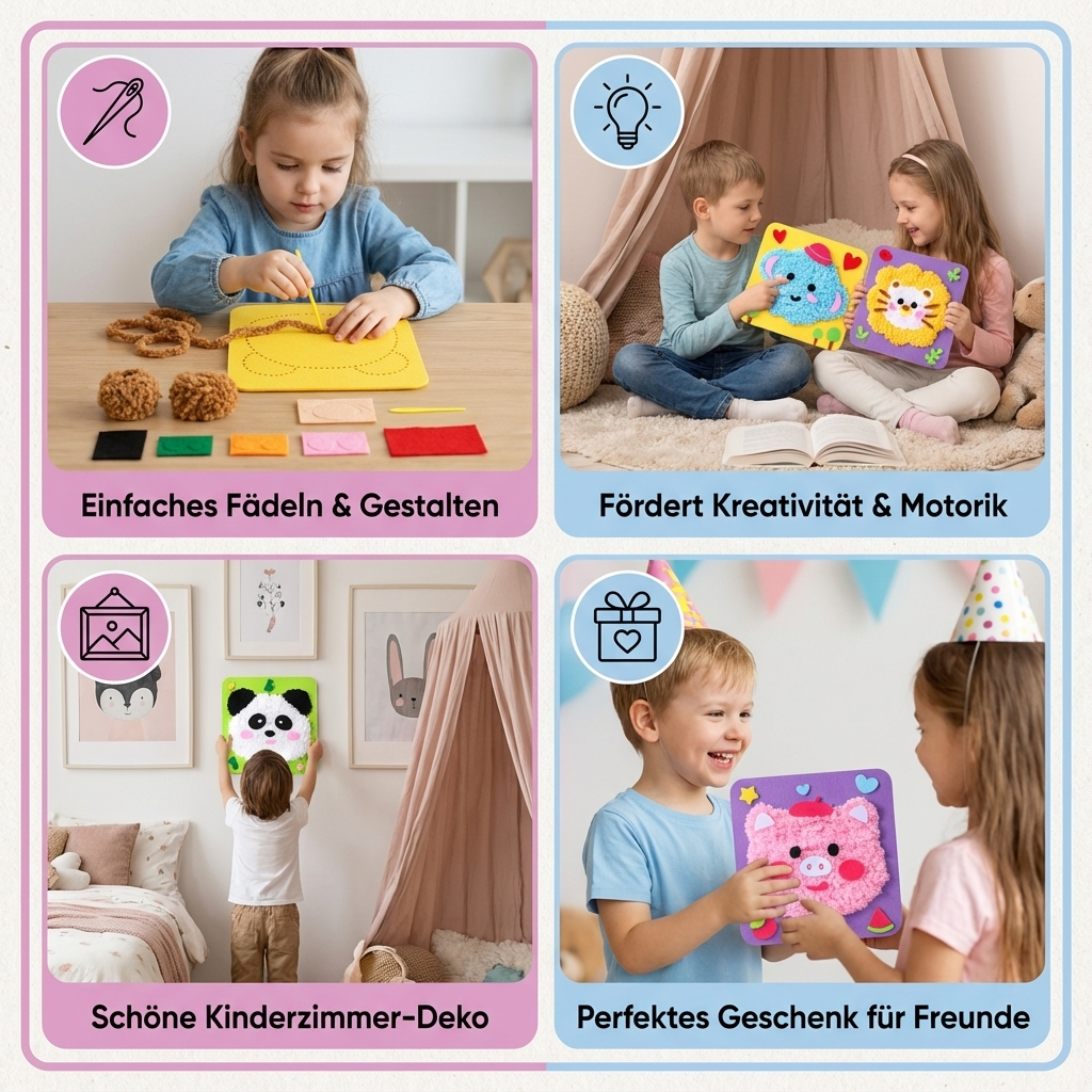 Lernspielzeug: Stickpuppen Bastelset für Kinder, trainiert Feinmotorik, Kreativität und Konzentration.