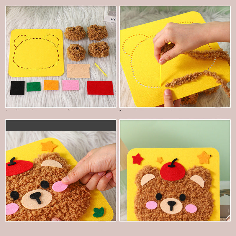 Fertige bunte Tier-Stickpuppen aus dem Bastelset, animieren zum fantasievollen Rollenspiel für Kinder.