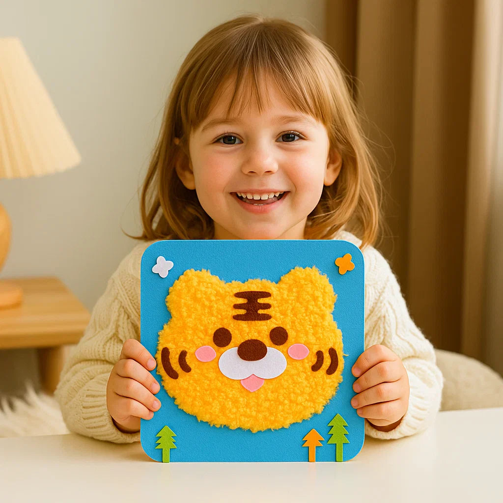 Verschiedene lustige Tier-Stickpuppen, selbstgemacht mit dem kreativen Bastelset für Kinder.