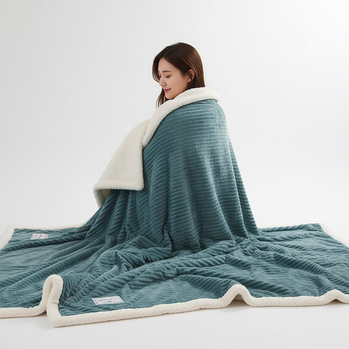 Ganzer Blick auf die luxuriöse Fleece-Decke CozyBlanket, gestreift und warm, bereit zum Kuscheln.