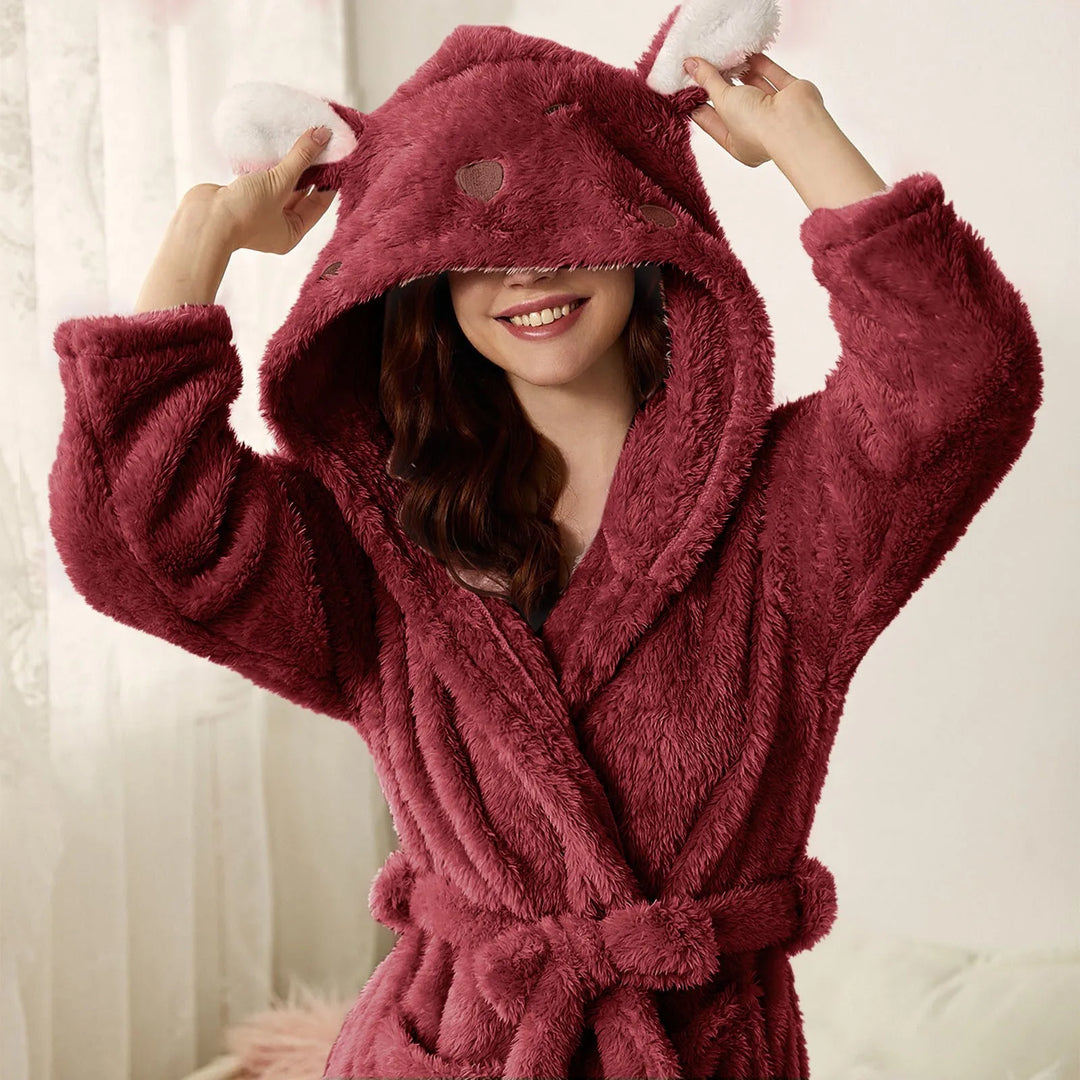 Kuscheliger Damen Kapuzenbademantel mit Hasenohren; weich & warm für Herbst/Winter.