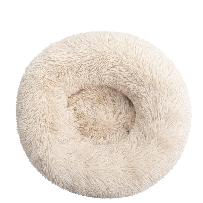 Luxuriöses Plüsch-Tierbett in Blau, Donut-Form. Garantiert tiefe Entspannung & Geborgenheit für Haustiere.