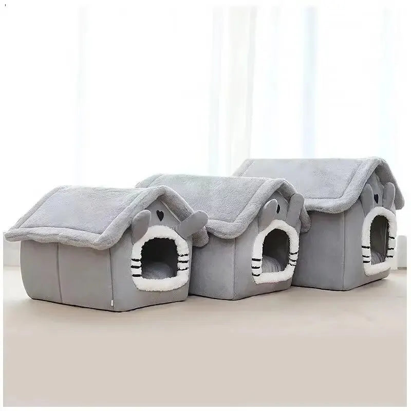 Robustes, pflegeleichtes Kuschelbett für Hunde & Katzen. Graue Haustierhütte Indoor in versch. Größen bietet warmen Komfort.