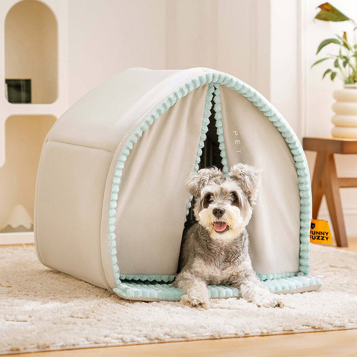Robustes, waschbares Hundebett mit Doppelvorhang, ein gemütlicher Rückzugsort für alle Haustiere.