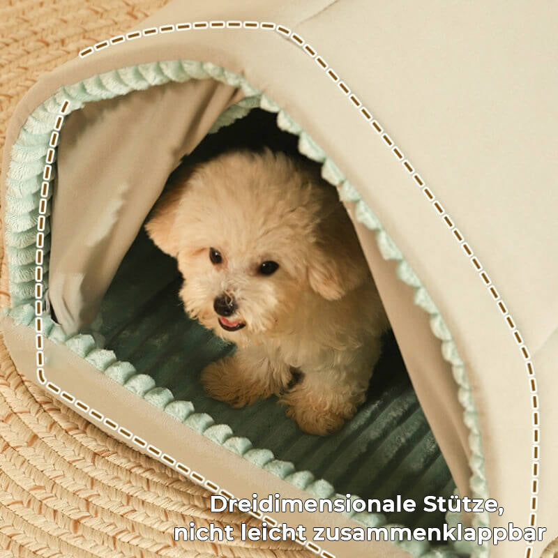 Kuschelige Hundehöhle mit Doppelvorhang, ein sicherer und warmer Schlafplatz für Ihr Haustier.